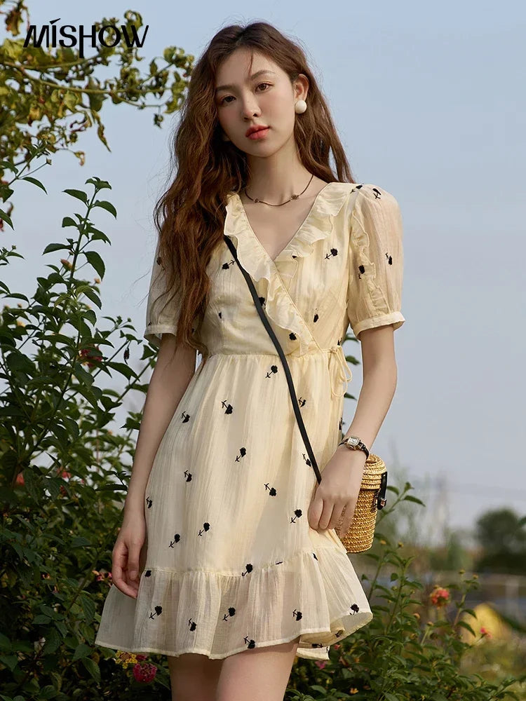 Mishow French Floral High Waist Puff Sleeve Dress MXC21L1282