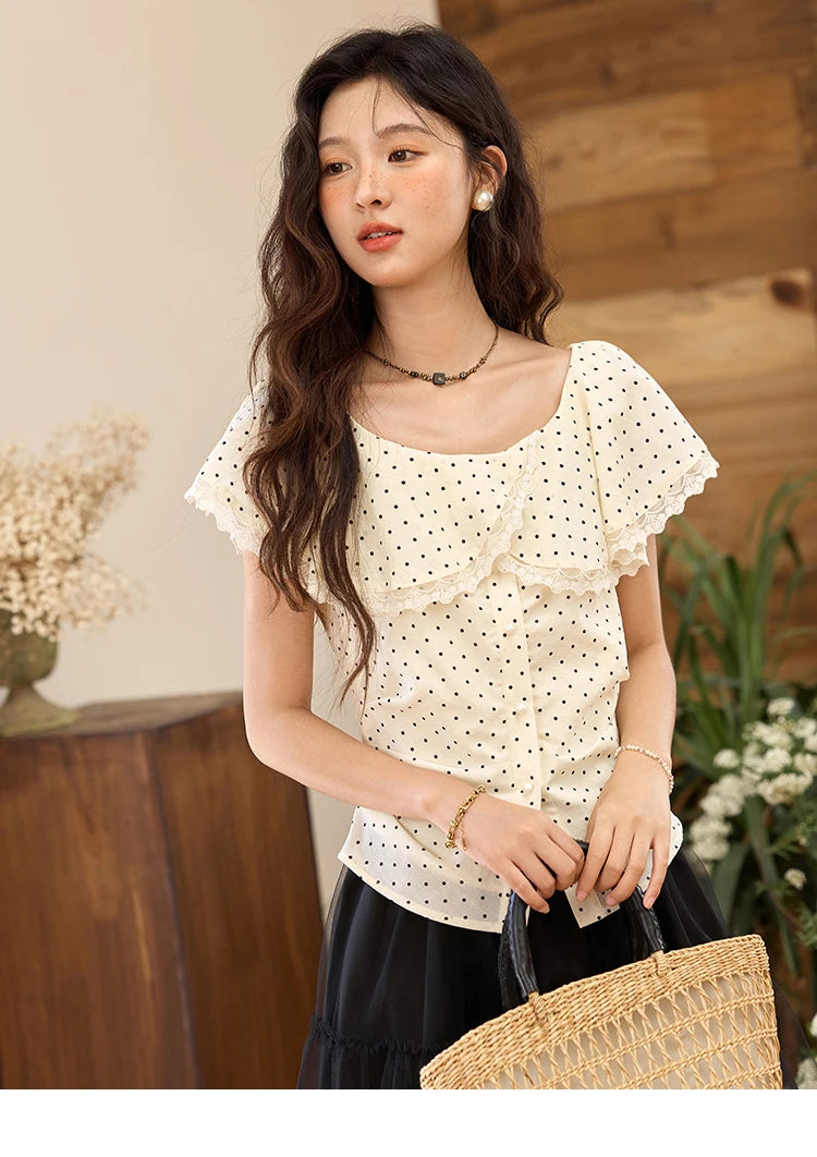 MISHOW Apricot Polka Dot Shirt Ruffle Edge Patchwork Lace MXE34X1783
