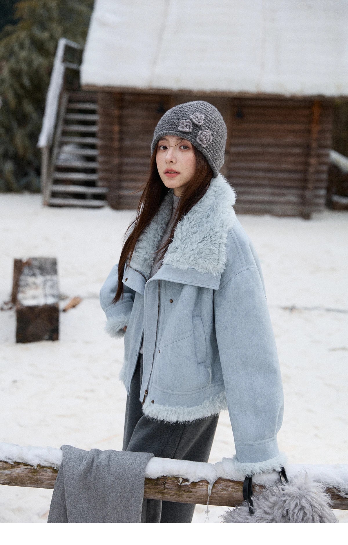 MISHOW Blue Plush Jacket Turn-Down Collar Zip-Up Loose MXE87W0917
