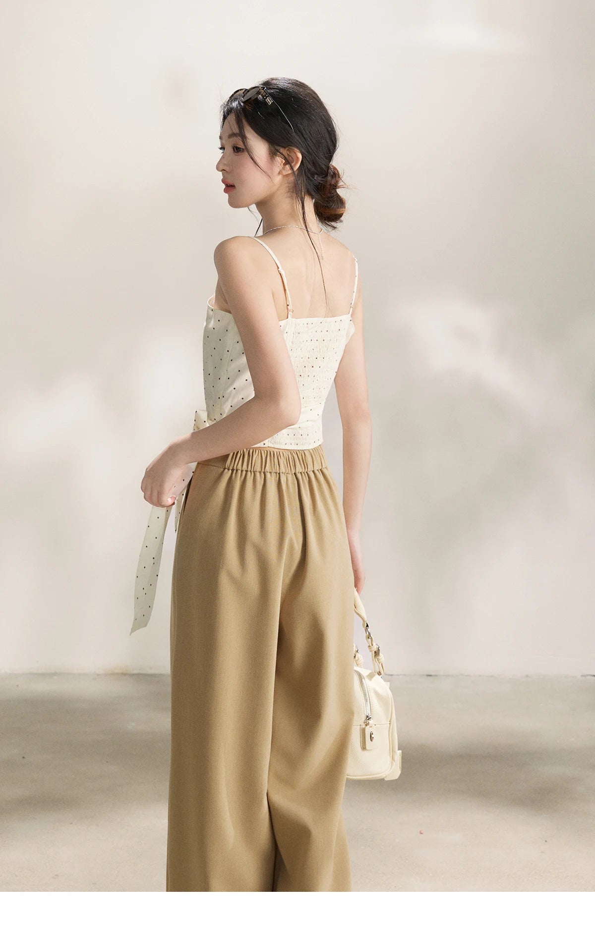 Mishow Khaki Cropped Jacket & Polka Dot Vest & Wide Leg Pants Three-Piece Set MXF13T1478
