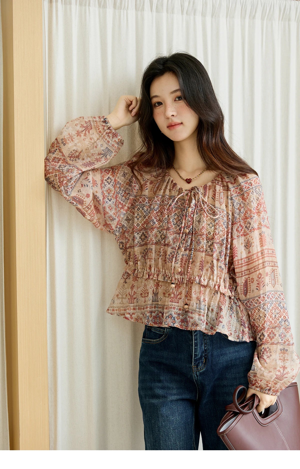 MISHOW National Style Printed Blouse Round Neck Drop Sleeve MXE47X2508