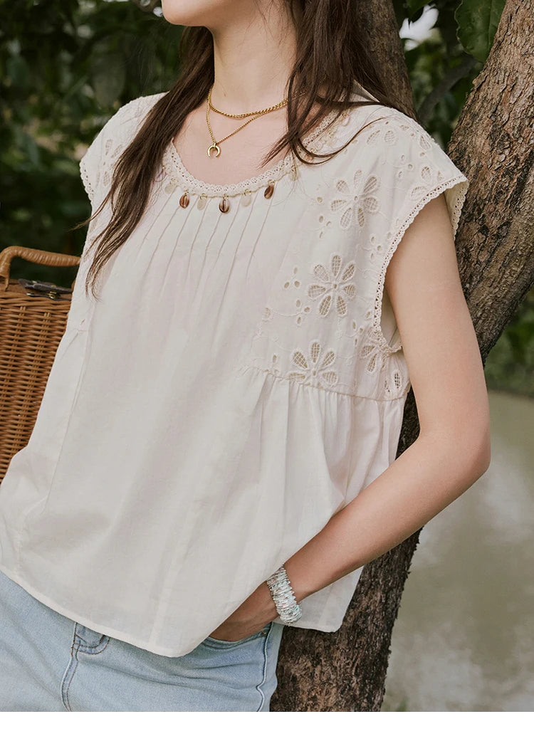 MISHOW Solid Short Flying Sleeve Blouse Round Neck Hollow Lace MXE33X1778