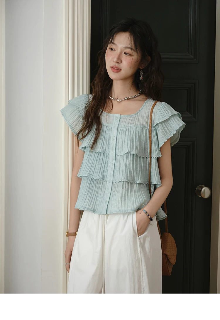 MISHOW Butterfly Sleeve Chiffon Shirt Square Neck Button MXD30X1488