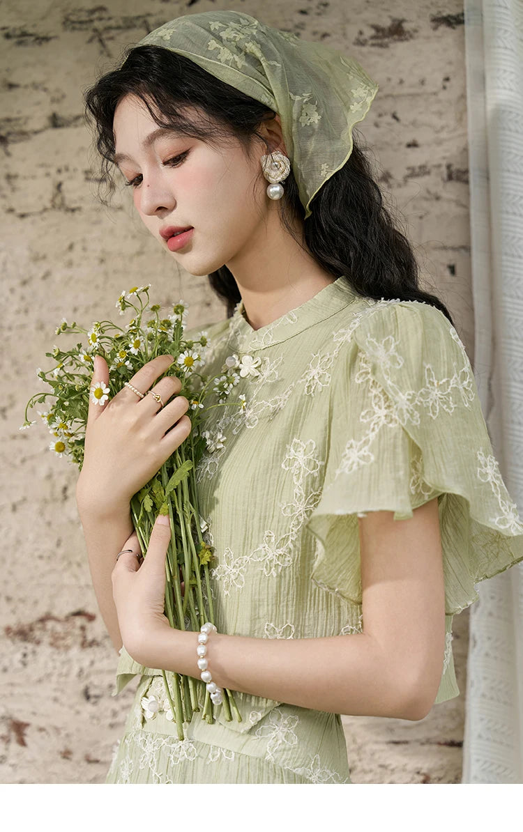 Mishow Chinese Green Stand Collar Top & Selvedge Skirt Set MXD22X1388