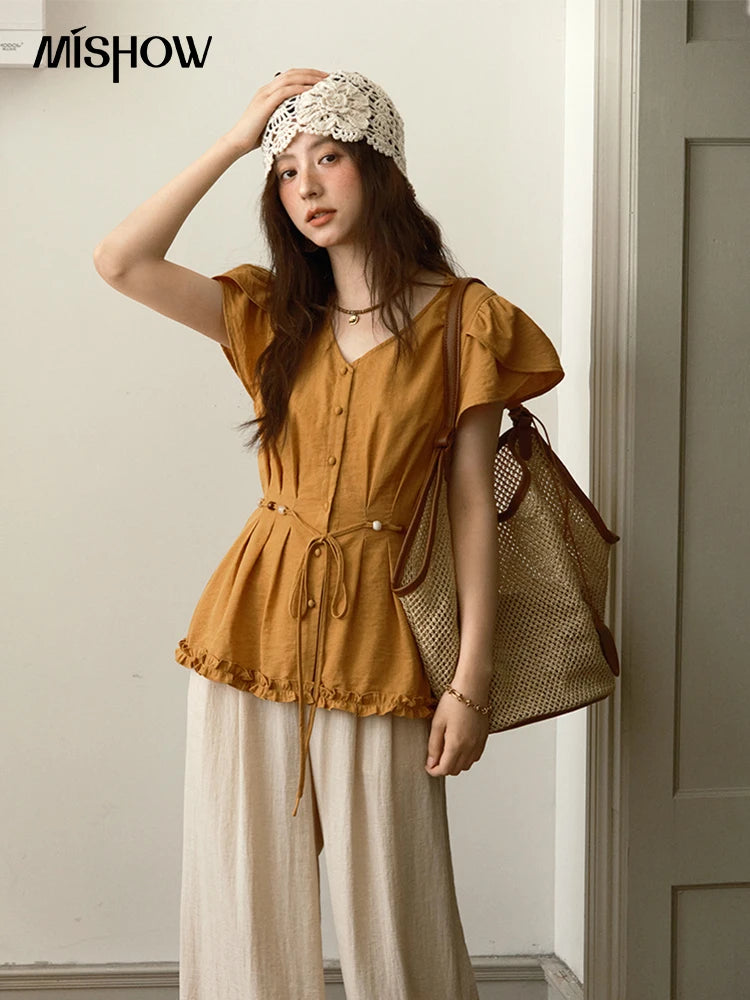 MISHOW Petal Sleeve Slim Shirt V-Neck Bead Belt MXE39X1881