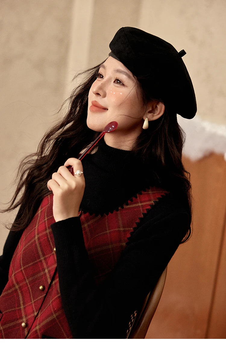 Mishow Plaid Square Neck Woolen Vest Dress MXD58L2078