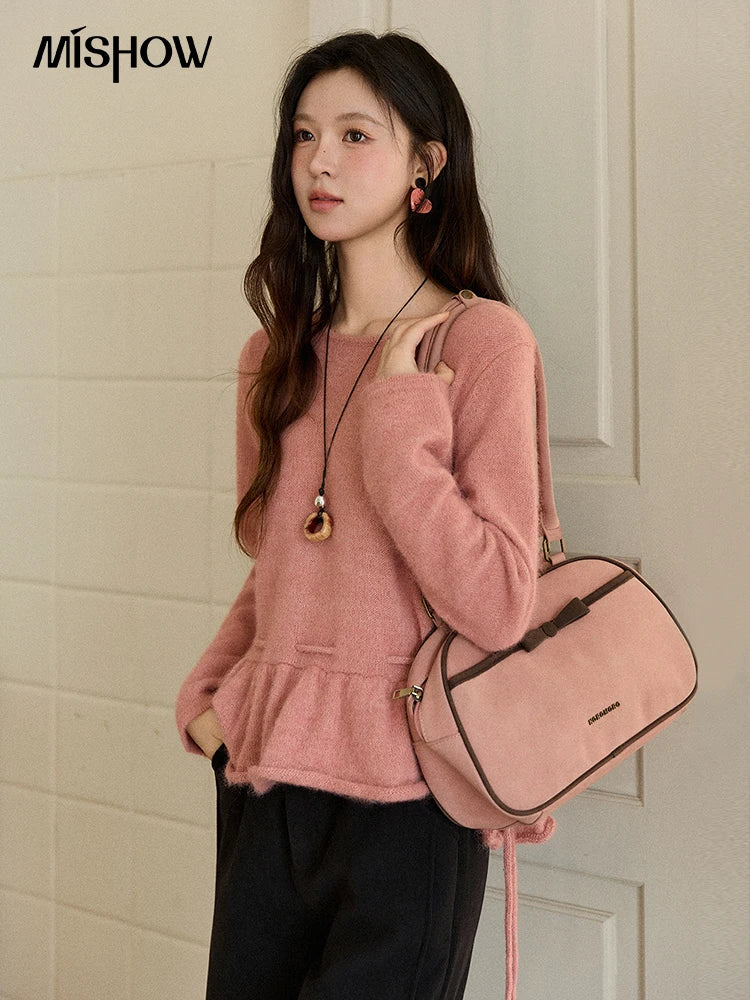 Mishow French Pink Ruffled Hem Pullover with Drawstring Belt MXE90Z2824