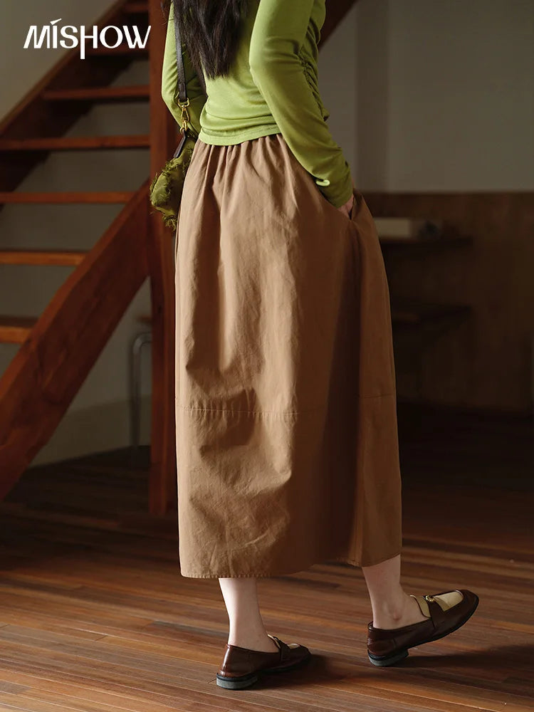 MISHOW Brown Cotton Bud Skirt Elastic Drawstring High Waist Pocket MXE41B2367