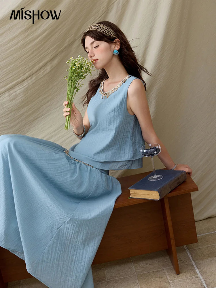 Mishow Sheel Ribbon Round Neck Top & High Waist Skirt Set MXE32T0556