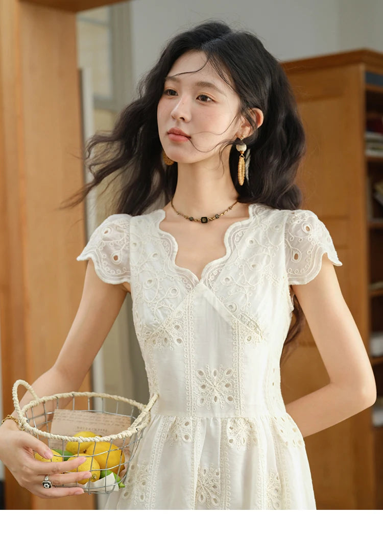 Mishow Flying Sleeve V-Neck Hollow Embroidered Dress MXE39L2404