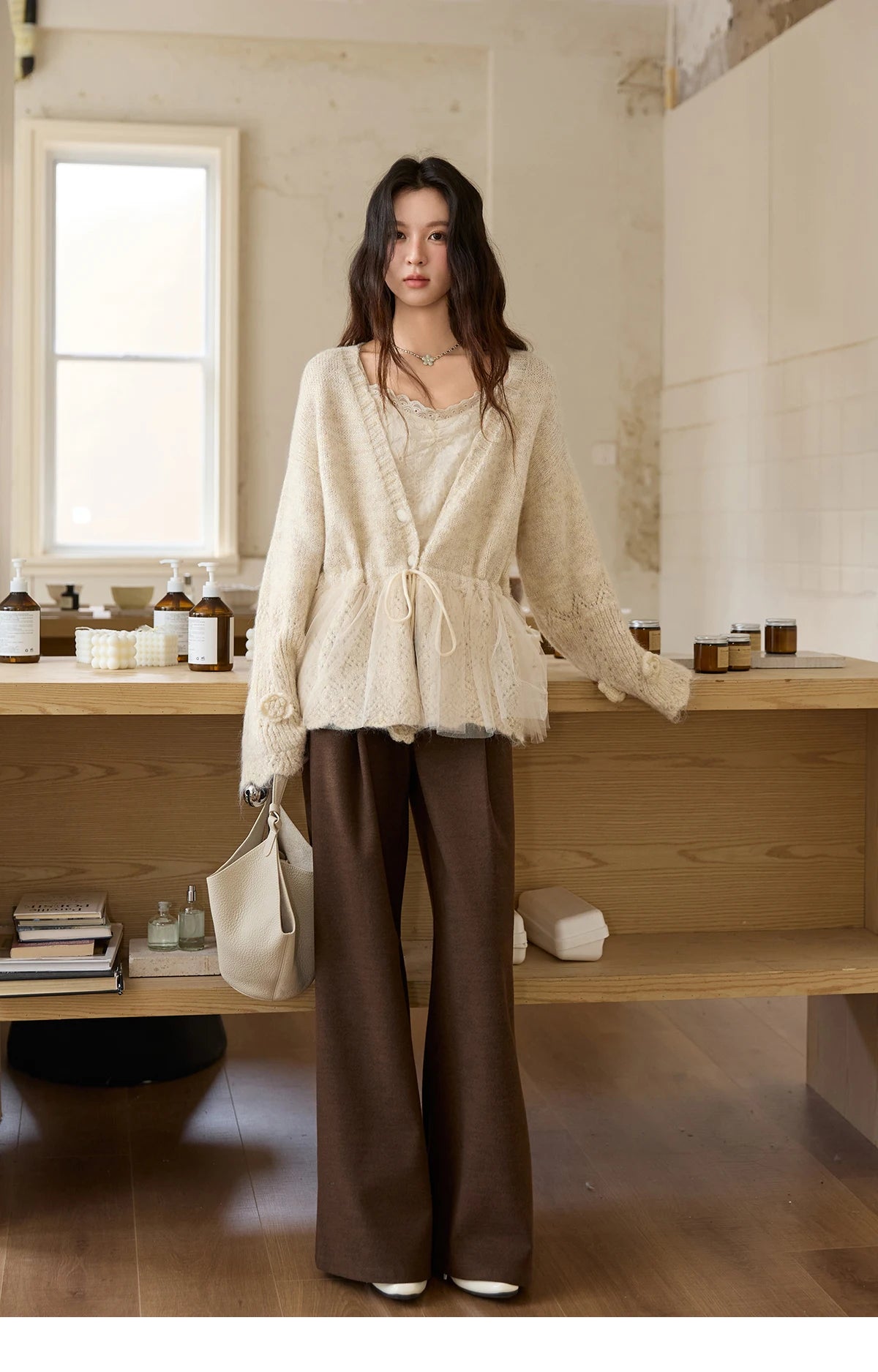 Mishow Apricot Mesh Flower Drawstring Cardigan MXE88Z2707