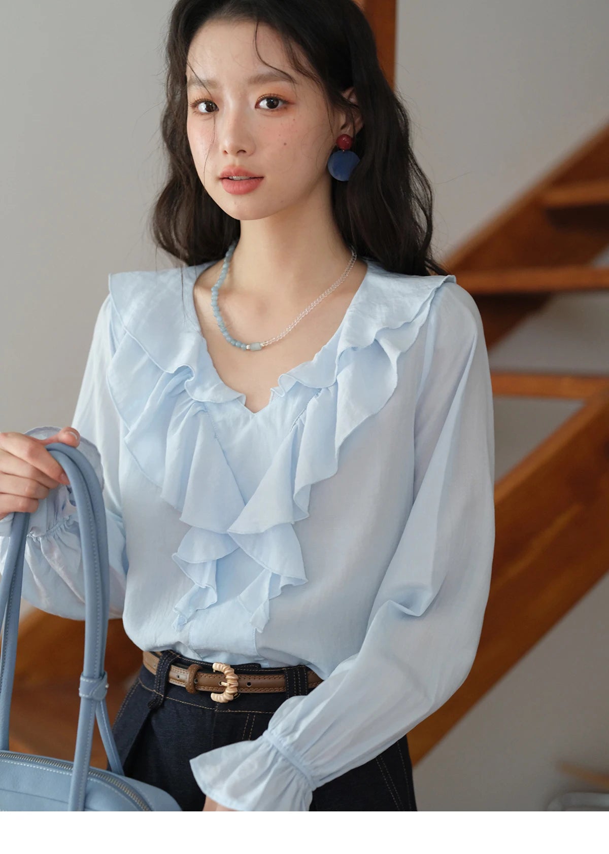 MISHOW Blue Lyocell Ruffled Shirt Flared Sleeves MXE41X1969