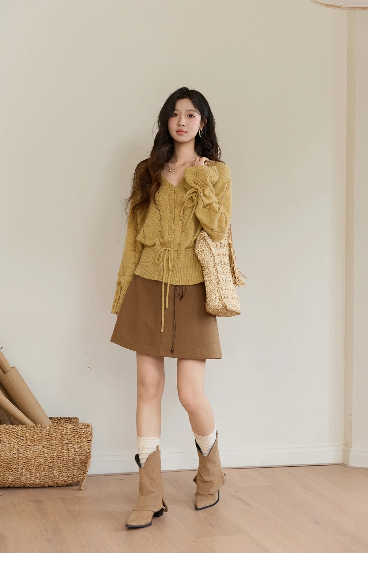Mishow Yellow Hollow V-Neck Drawstring Cardigan MXF108Z1022