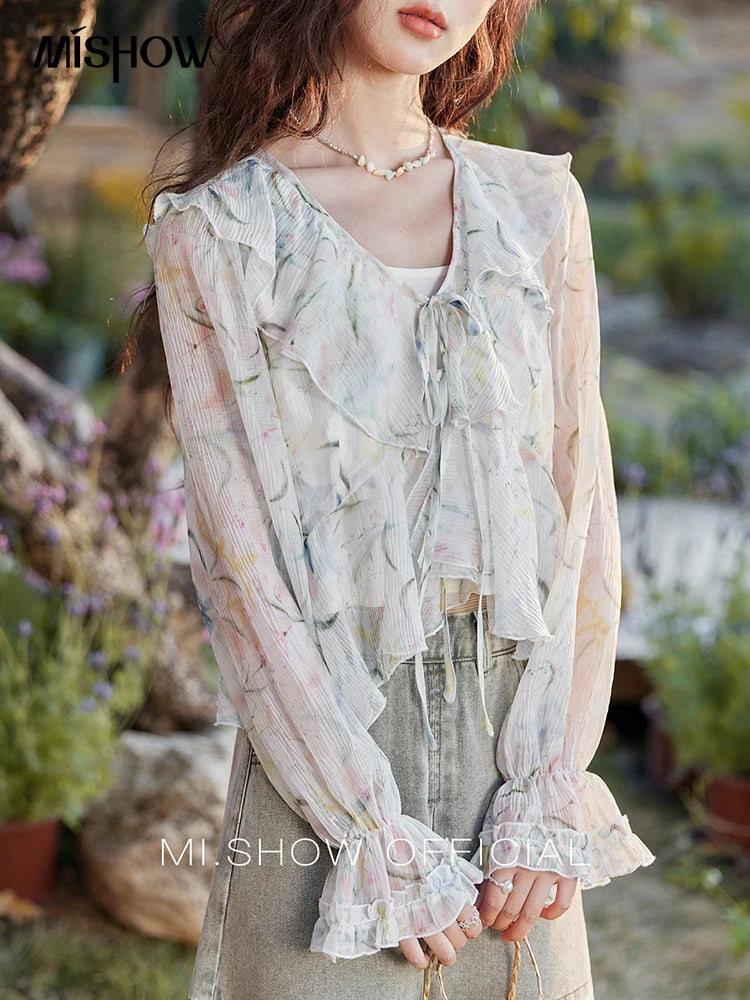 MISHOW Floral Blouse with Camisole Set V-Neck Lace Up MXE13X1718