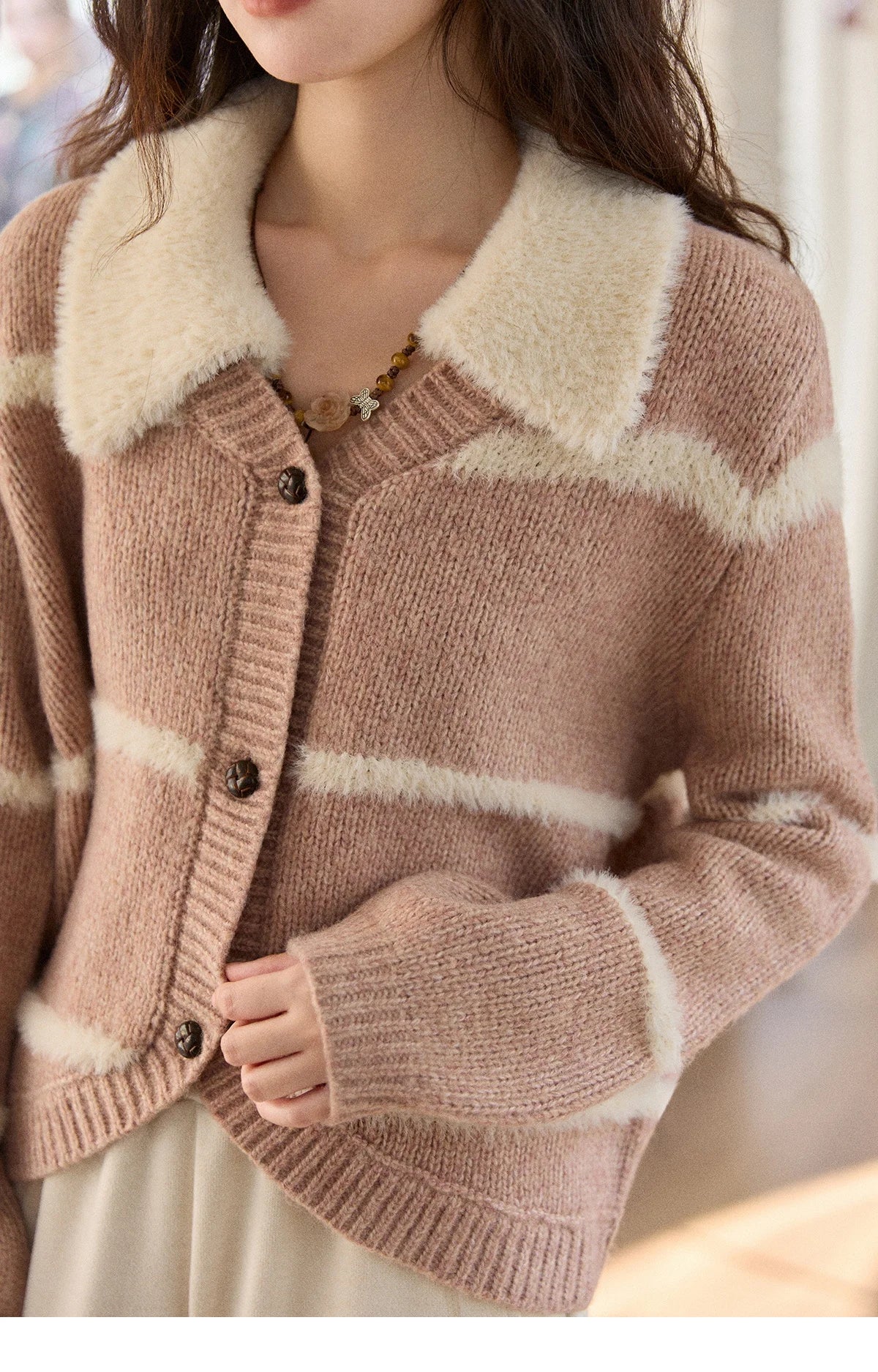 Mishow Faux Mink Turn-Down Collar Striped Cardigan MXE89Z2668
