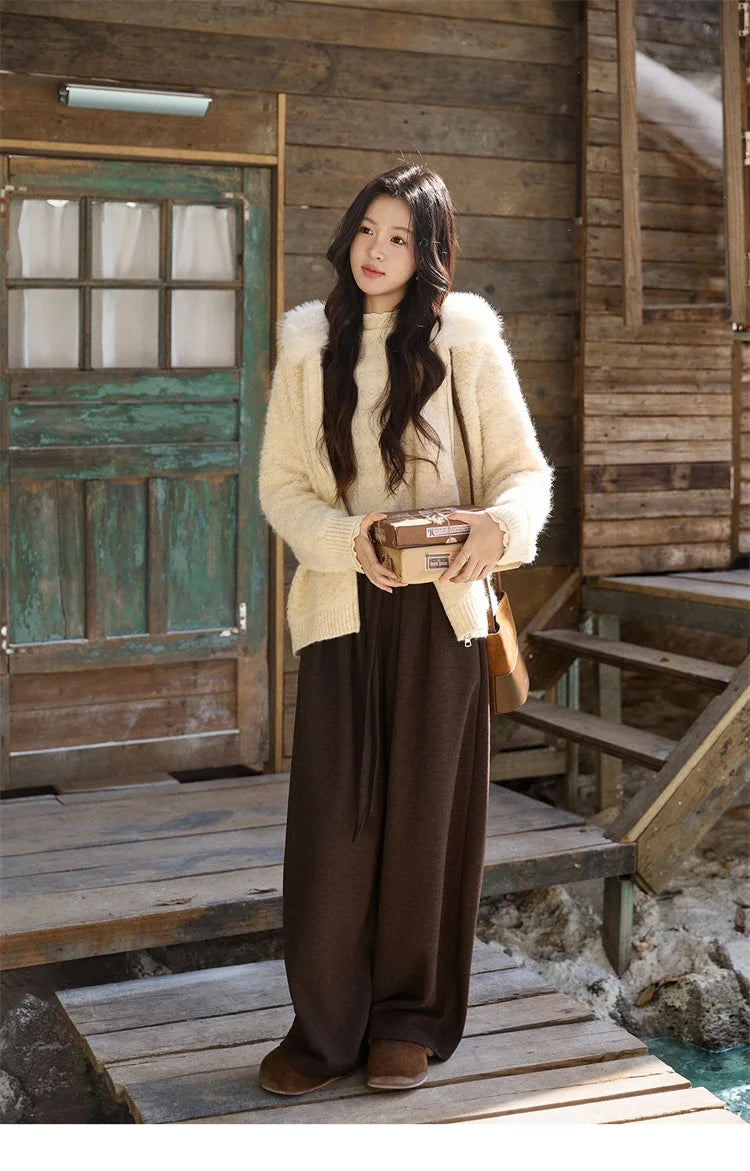 Mishow Beige Fur Hood Zipper Cardigan MXE94Z2963