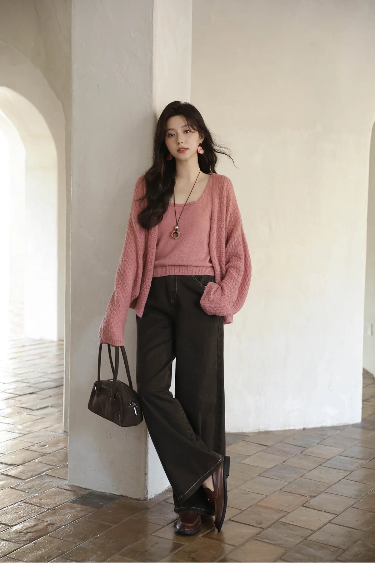 Mishow Pink Long Sleeves Cardigan with Vest Set MXE44T0737