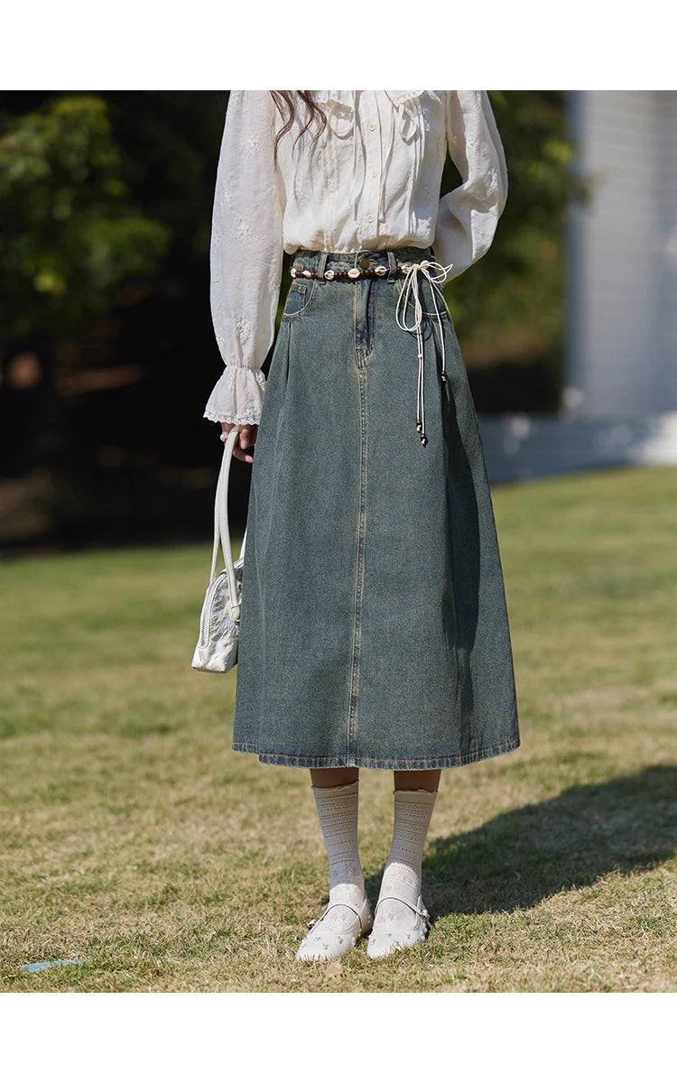 Mishow Korean Denim Vest Coat & Slim A-Line Midi Skirt Set MXE13W0731