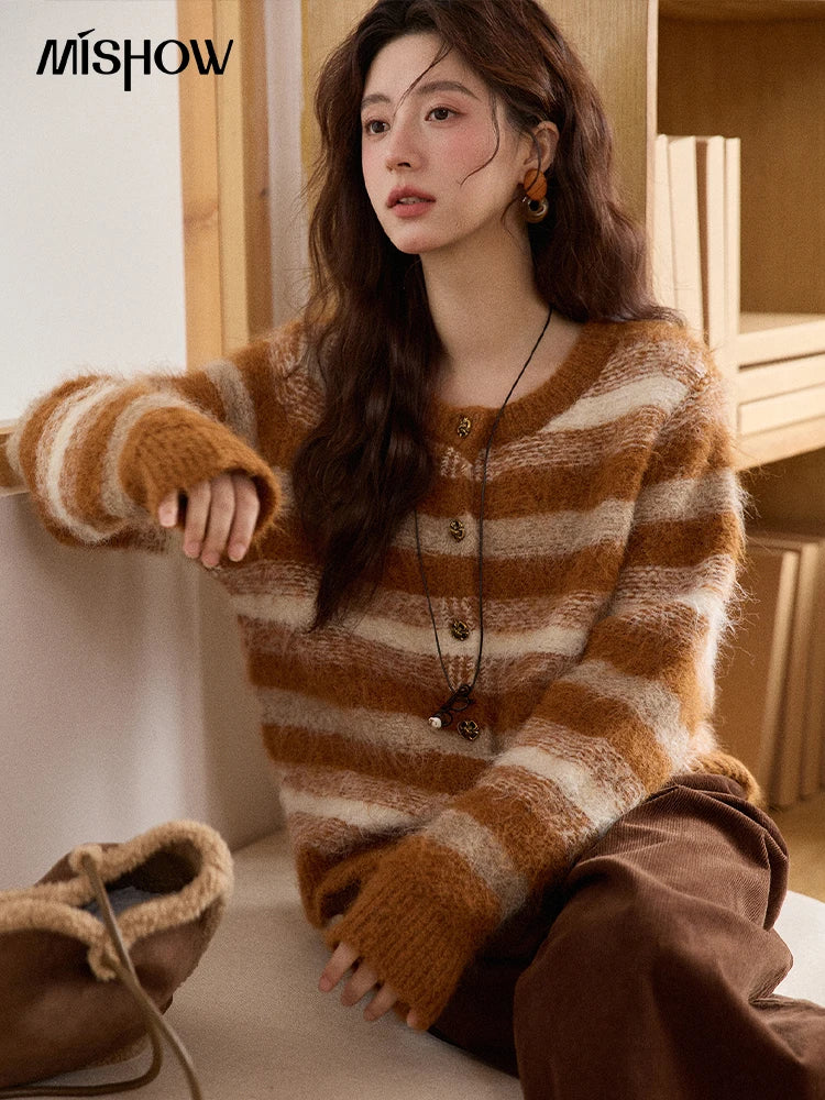 Mishow Retro Striped Round Neck Wool Cardigan MXE87Z2723