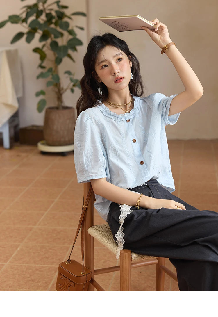 MISHOW 100% Cotton Puff Sleeve Shirt Round Neck Button MXE36X1873