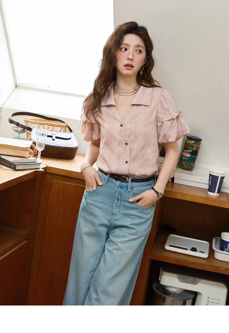 MISHOW Puff Sleeve Striped Shirt Turn-Down Collar Retro MXE37C0808