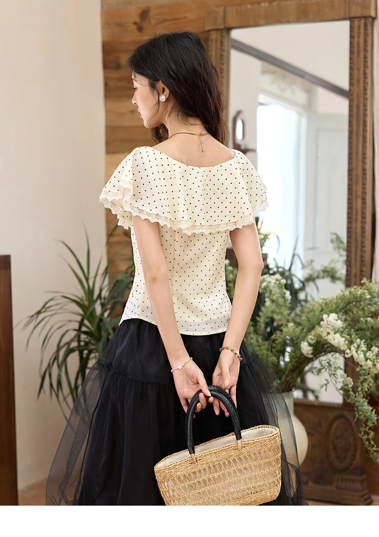 MISHOW Apricot Polka Dot Shirt Ruffle Edge Patchwork Lace MXE34X1783