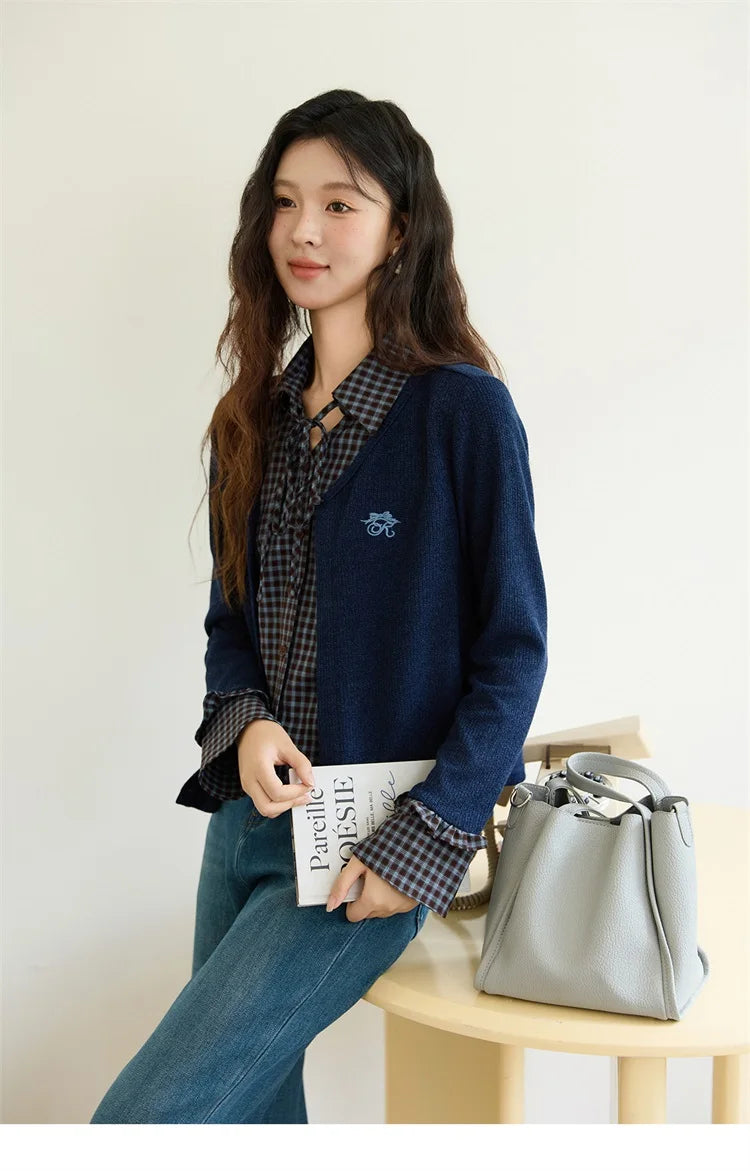 MISHOW Fake Two Knitted Sweater Plaid Splicing Flare Sleeve MXE45Z1401