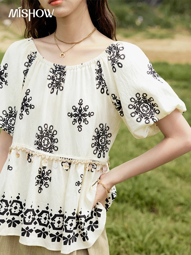 MISHOW Bohemian Print Blouse Short Puff Sleeve Square Collar Shell Ribbon MXE35X1817