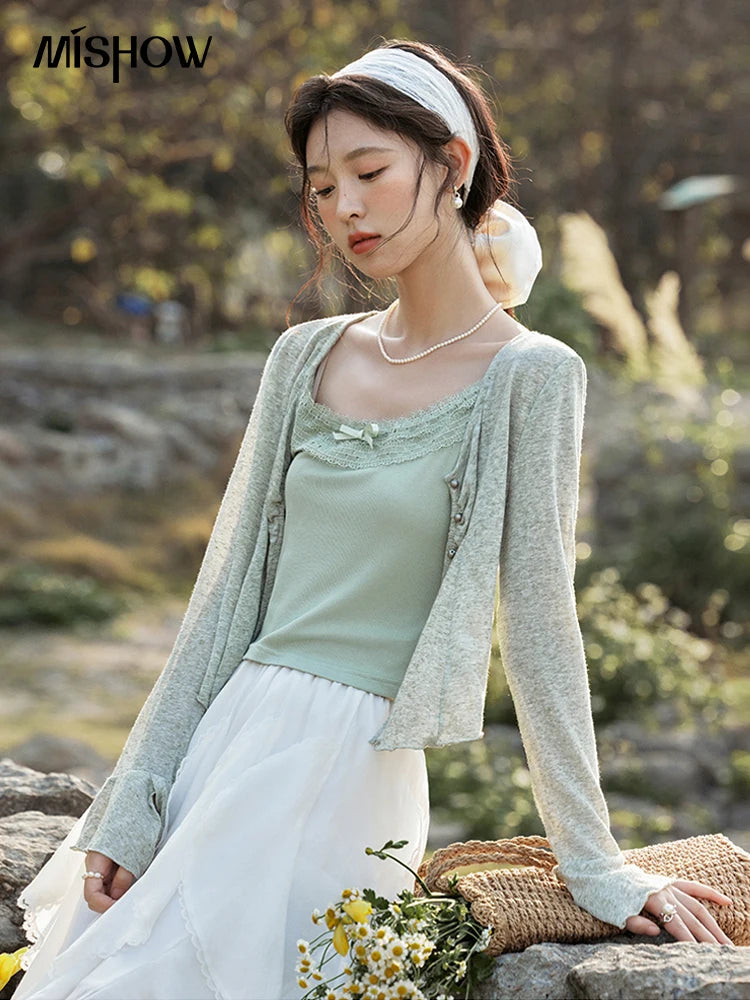 Mishow Light Green Lace Bow Camisole & Cardigan Set MXE15T0504