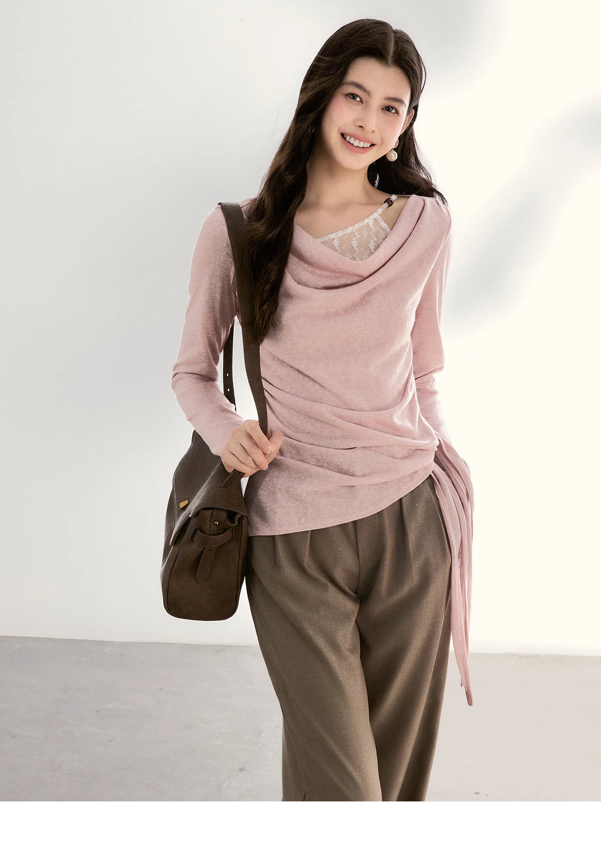 Mishow Lace Trim Draped Neck Side Tie Top MXF13Z2995