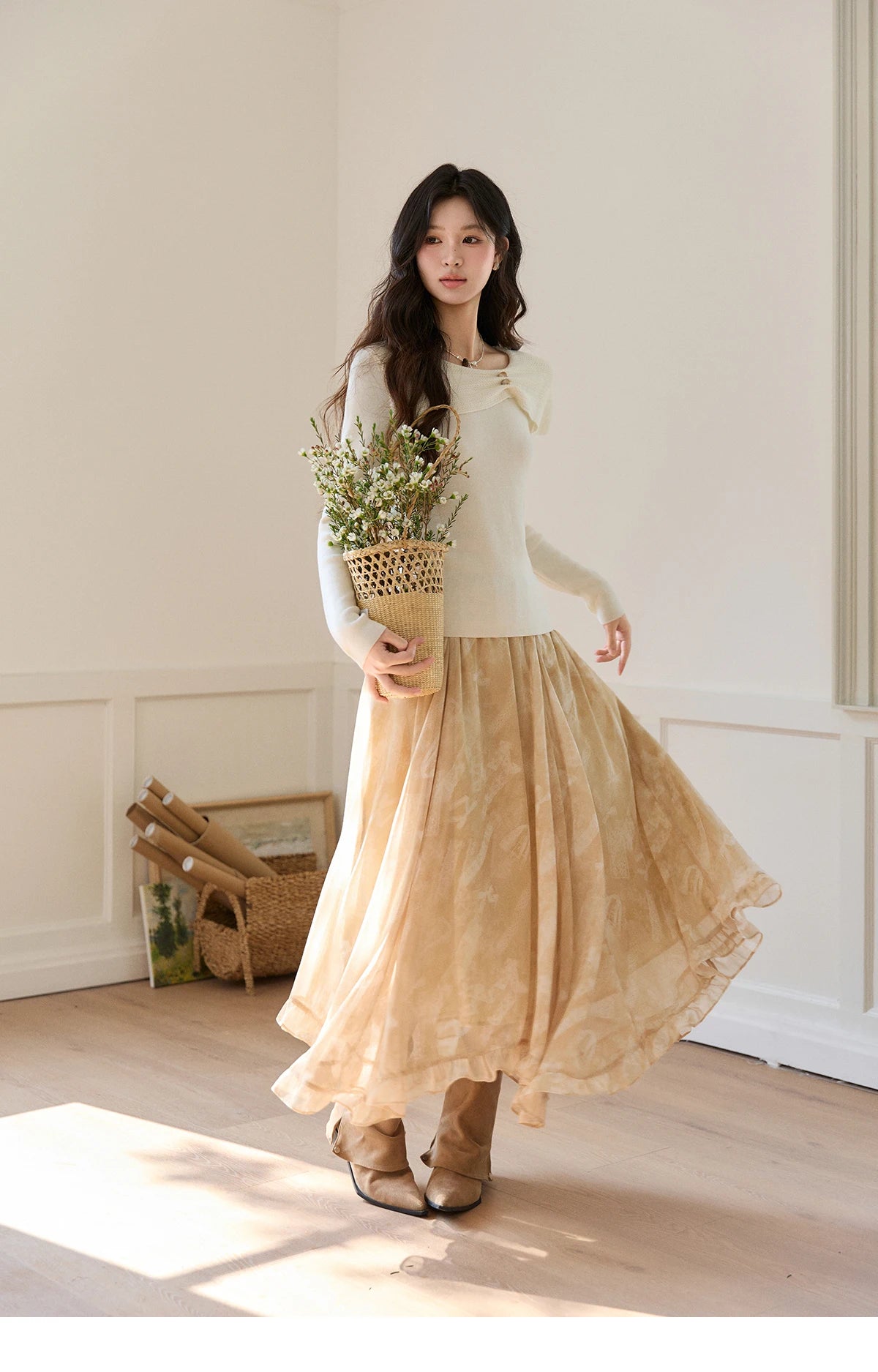 Mishow Beige Asymmetrical Collar Wool Sweater MXF11Z2918