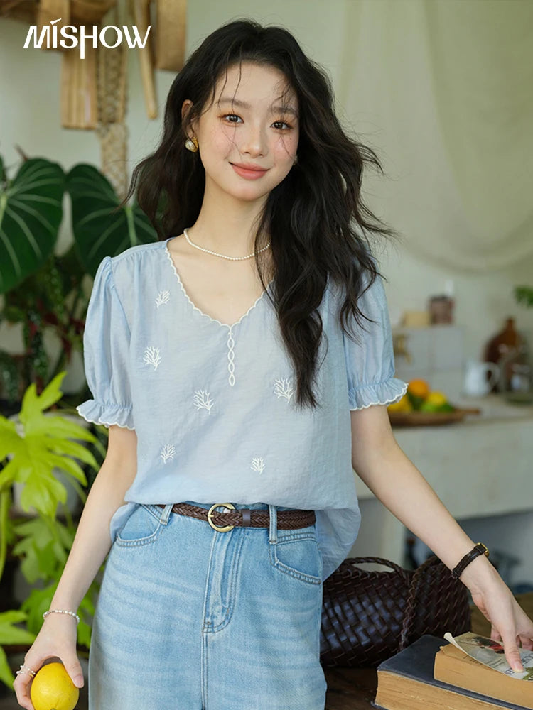 MISHOW Coral Embroidery Blouse V-Neck Puff Sleeve MXE37X1850