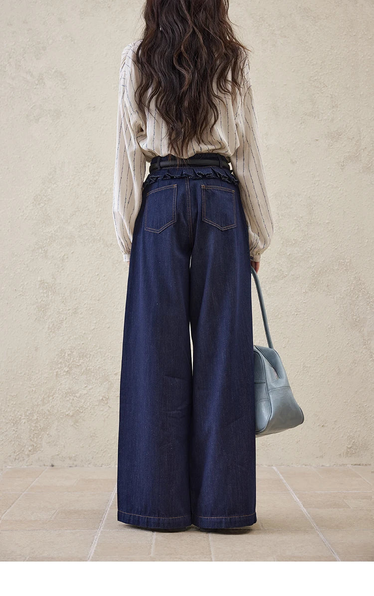 Mishow Stitching Ruffle High Waist Wide Leg Jeans MXE16K0907