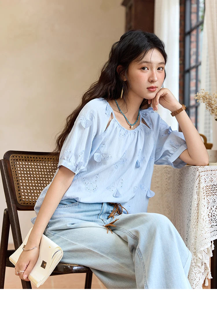 MISHOW Butterfly Embroidery Blouse Hollow Out O-Neck MXE36X1878