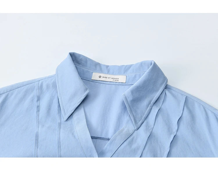 MISHOW Blue Peach Skin Velvet Shirt Lapel V-Neck Pleated Cuffs MXE44C2392
