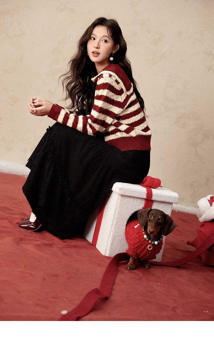 Mishow Christmas Red Striped Wool Blend Cropped Cardigan MXD58Z1038