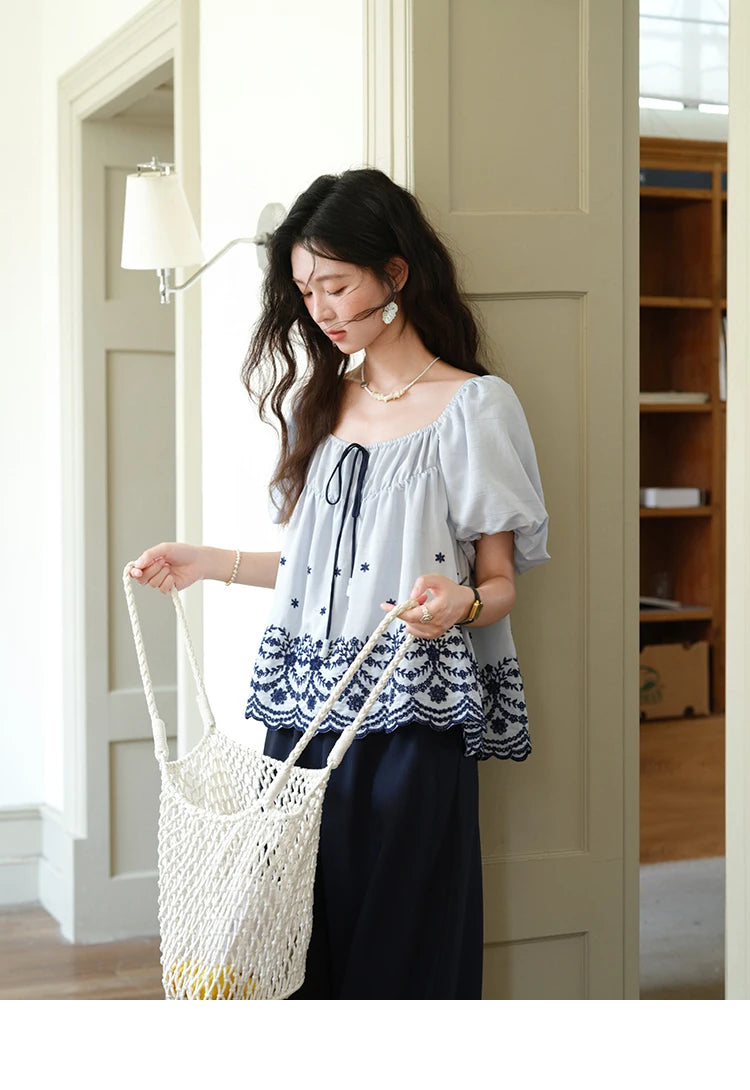 MISHOW Blue Print Blouse Square Neck Lace Up Puff Sleeve MXE36X1799