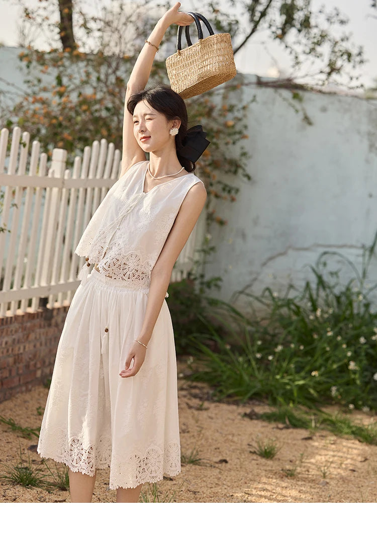 Mishow Embroidery V-Neck Lace Up Top & Elastic Waist Skirt Set MXE33T0593