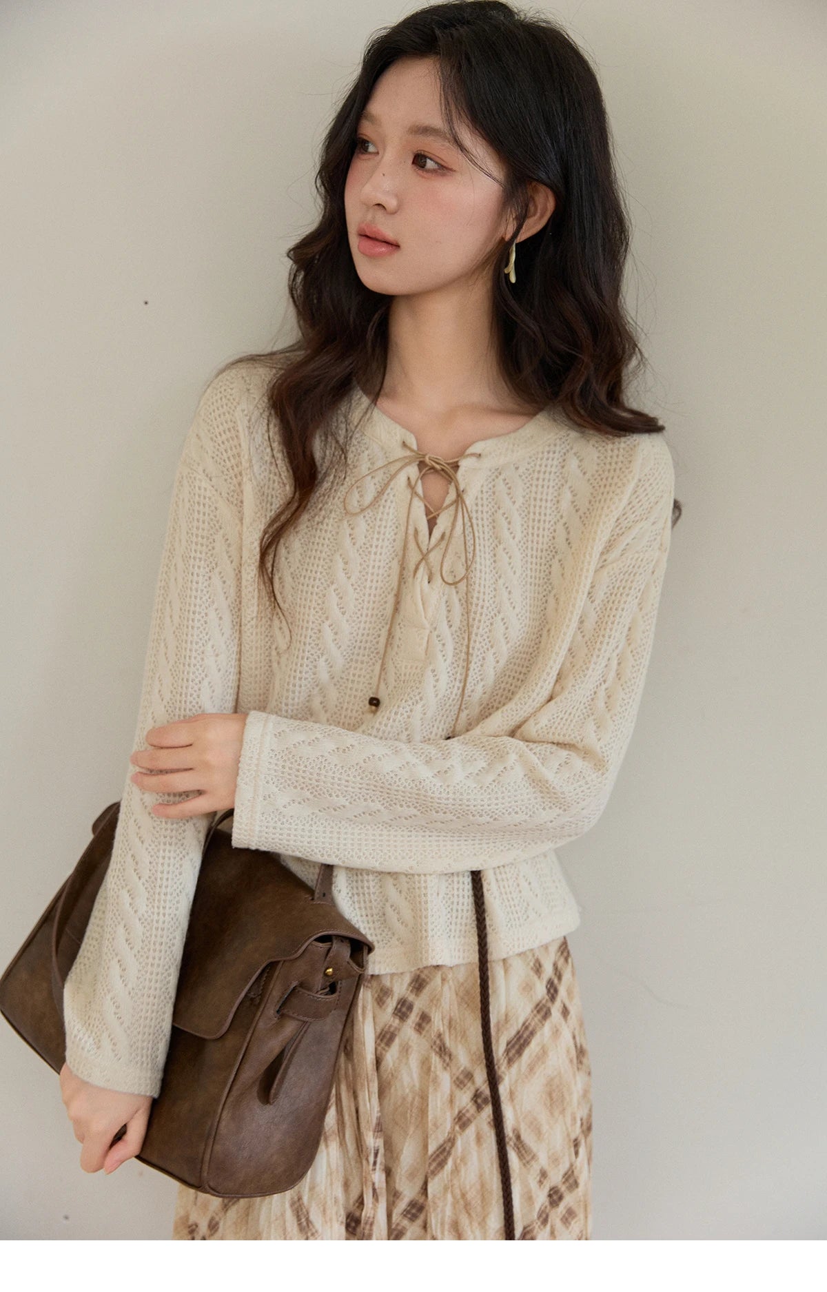 Mishow Beige V-Neck Lace-Up Cable Knit Sweater MXF108Z1029