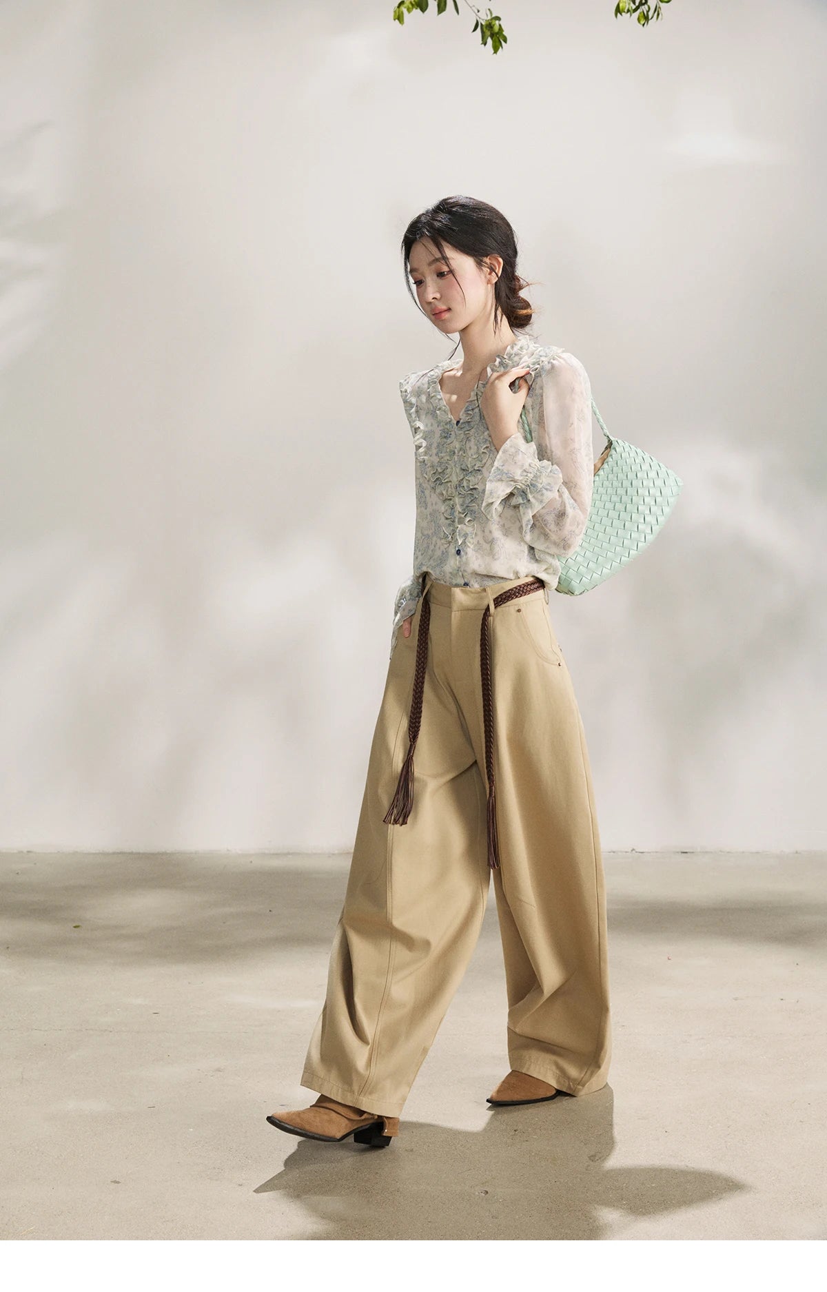 MISHOW Khaki Wide Leg Pants High Waist Belted Rear Pocket MXF13K1237