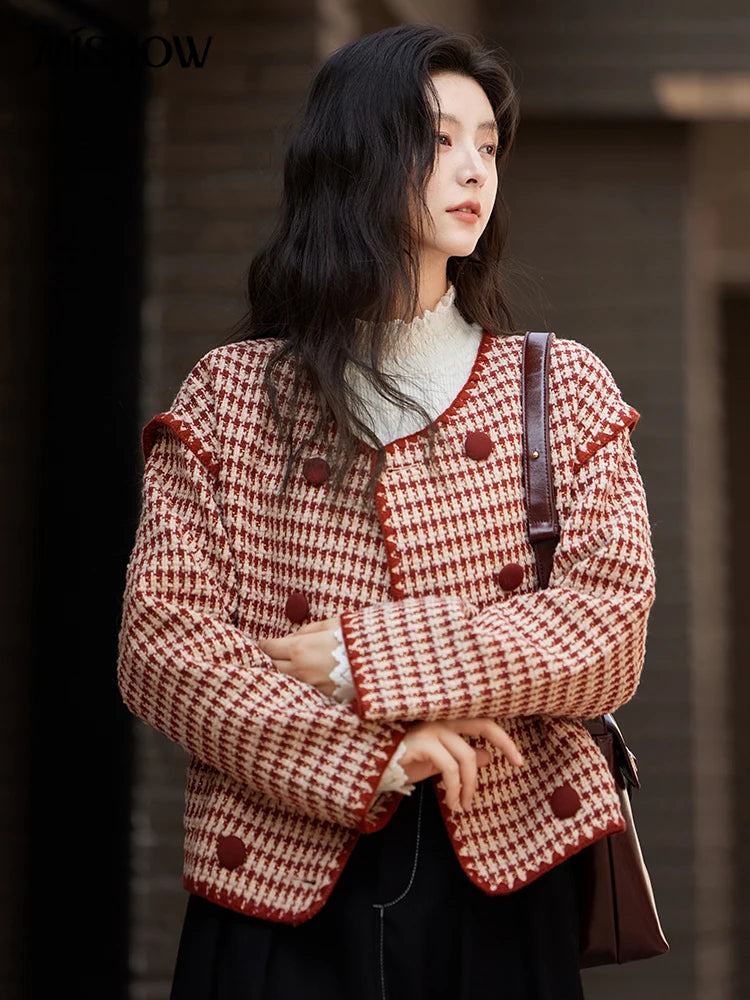 Mishow Red Plaid Double Breasted Tweed Jacket MXD56W0631