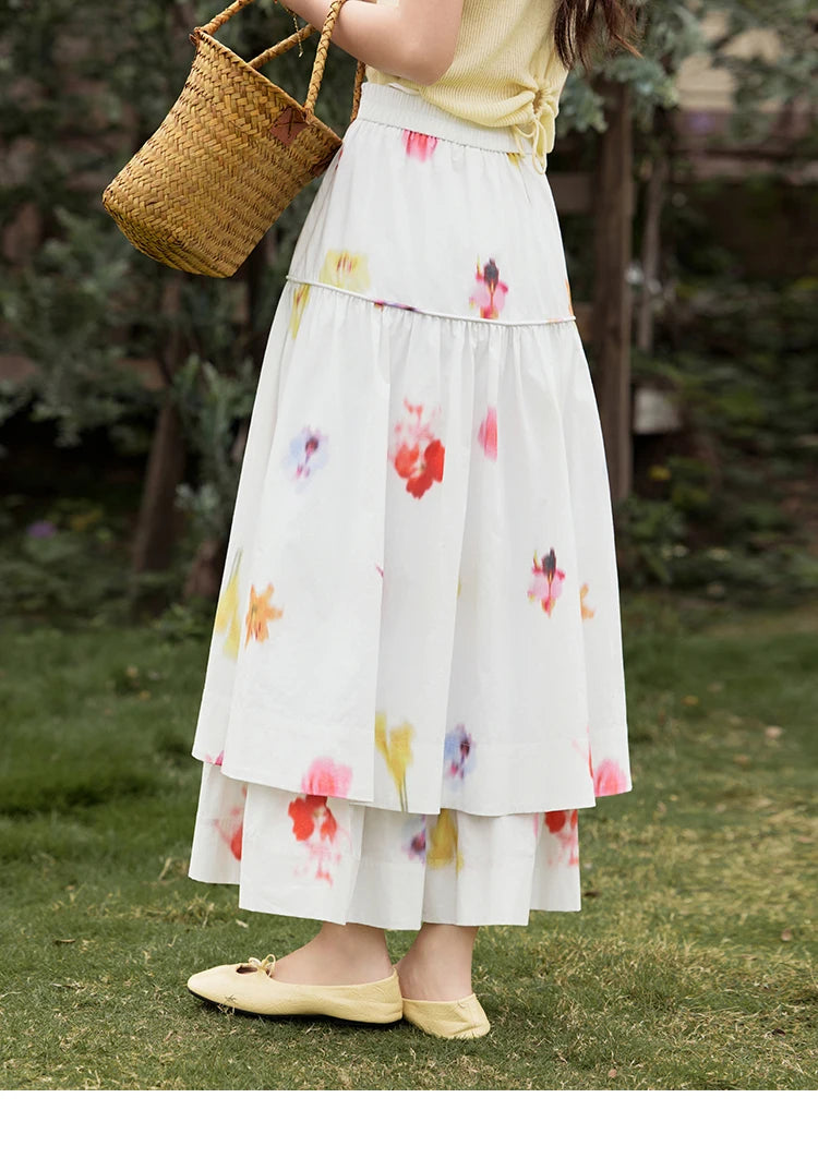 MISHOW White Background Flower Cotton Skirt High Waist A-LINE MXE32B0720