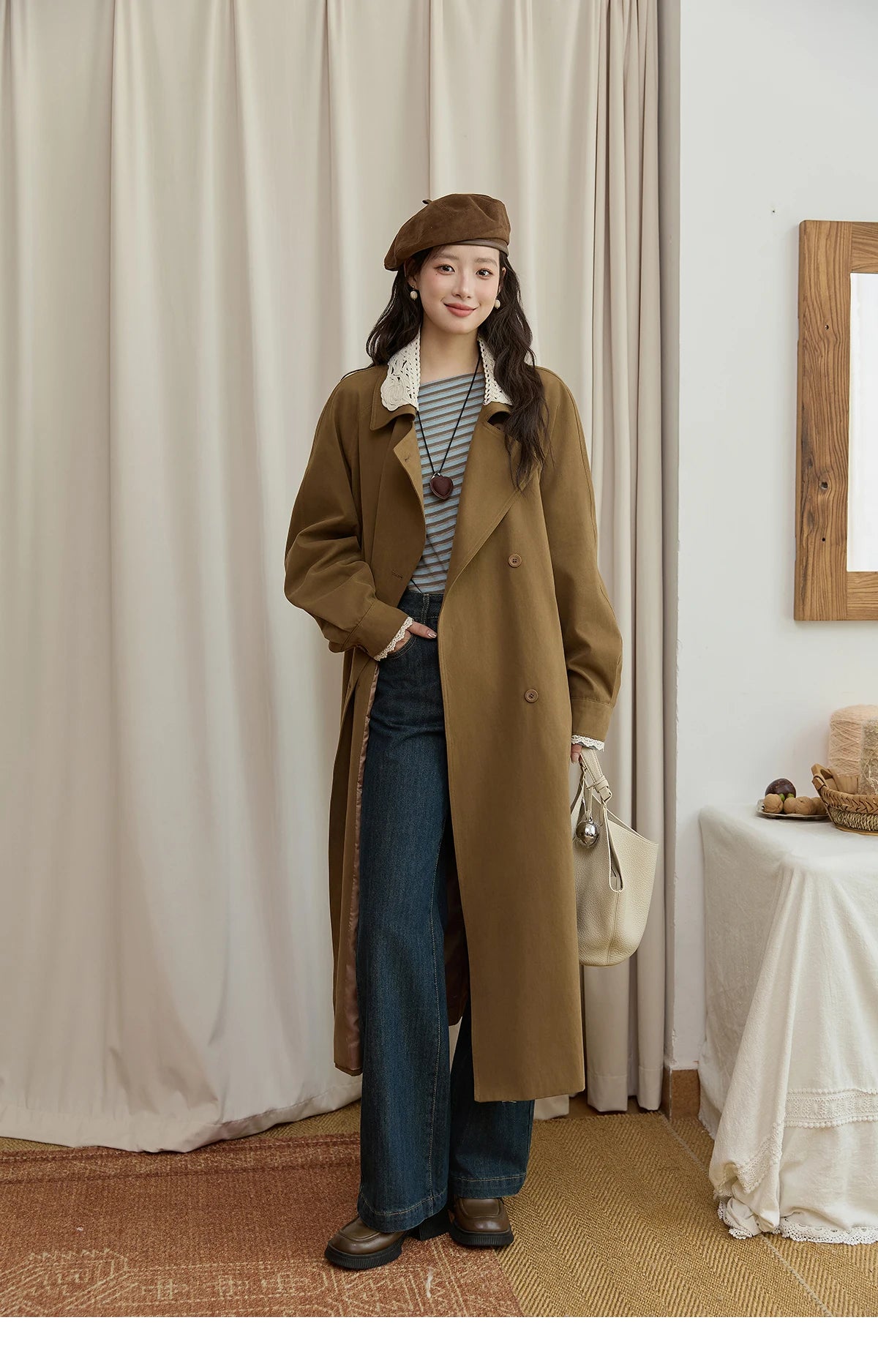 Mishow Light Khaki Lace Long Trench Coat MXE45W0830