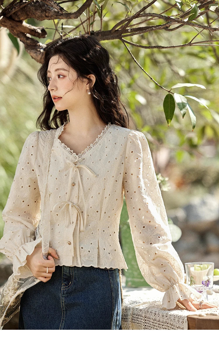 MISHOW Women's 100% Cotton Lace Shirt V-Neck Waist Elastic Cuffs MXE12X1710