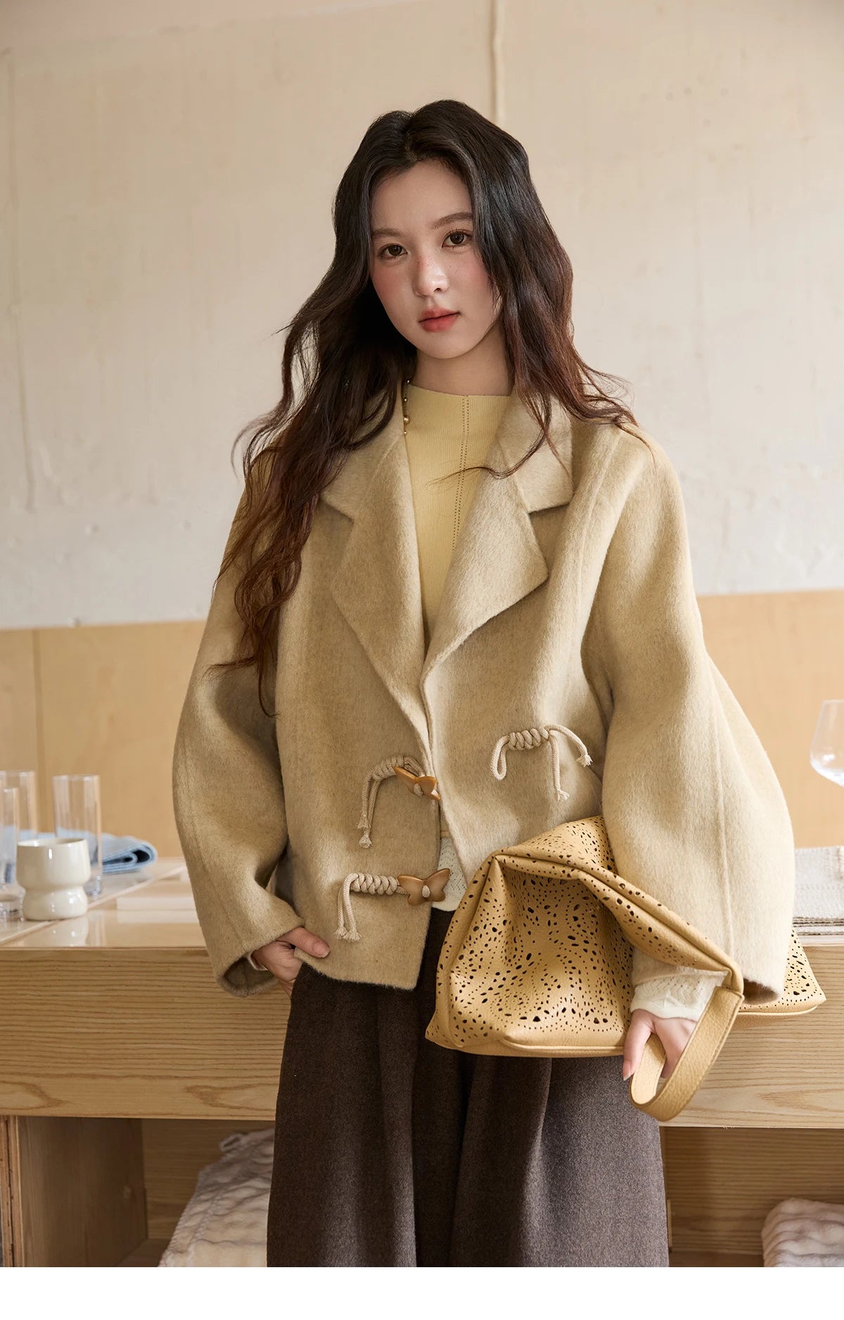Mishow 100% Wool Retro Apricot Double-Faced Butterfly Button Coat MXE51W0887