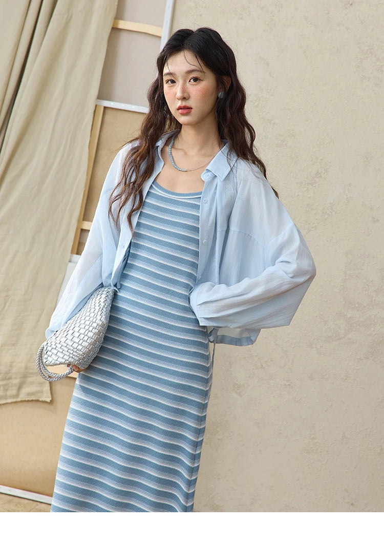 Mishow Blue Striped Camisole Dress & Lyocell Shirt Set MXE34L2285