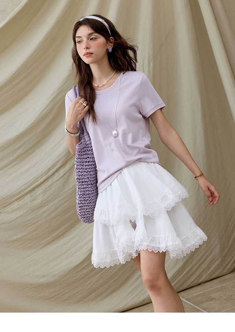 Mishow Solid Straight Shoulder Lace Trim Tee MXE31T0532
