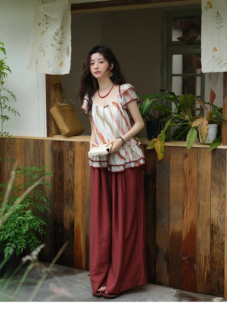 MISHOW Retro Stripe Print Blouse O-Neck Butterfly Sleeve MXE38X1862