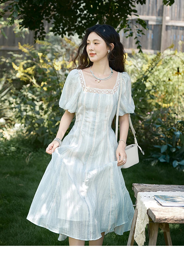 Mishow Striped Square Neck Lace Hollow Dress MXE39L2403