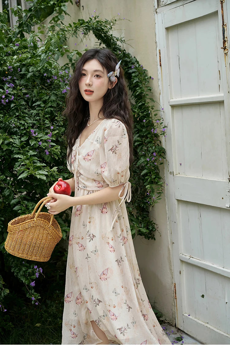 Mishow Butterfly Print V-Neck Lace-Up Bubble Sleeve Dress MXD15L1778